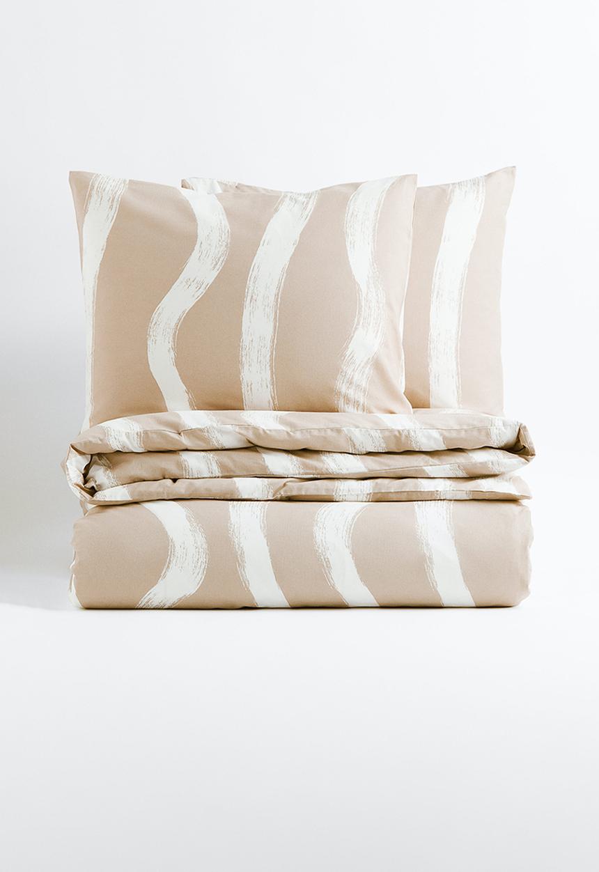 H&M - Patterned cotton duvet cover set - light beige