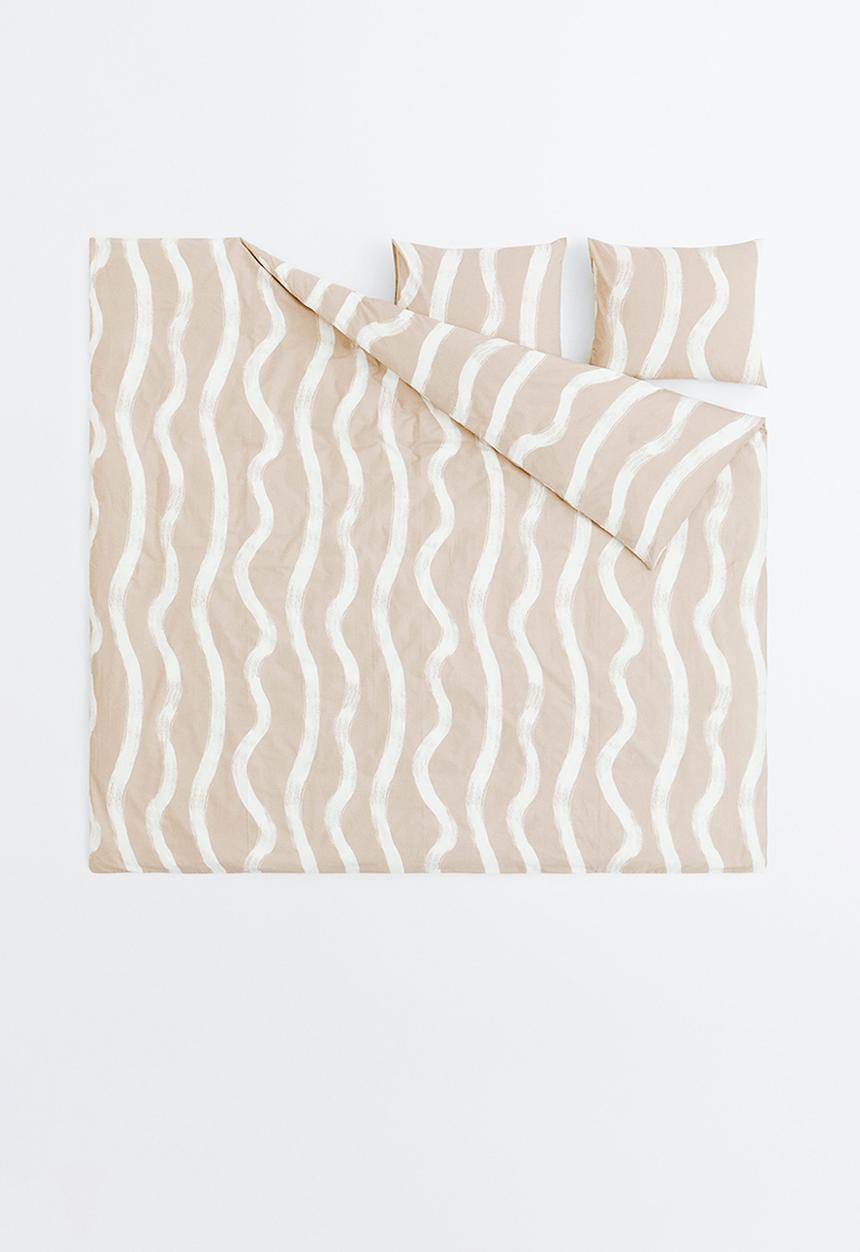 H&M - Patterned cotton duvet cover set - light beige