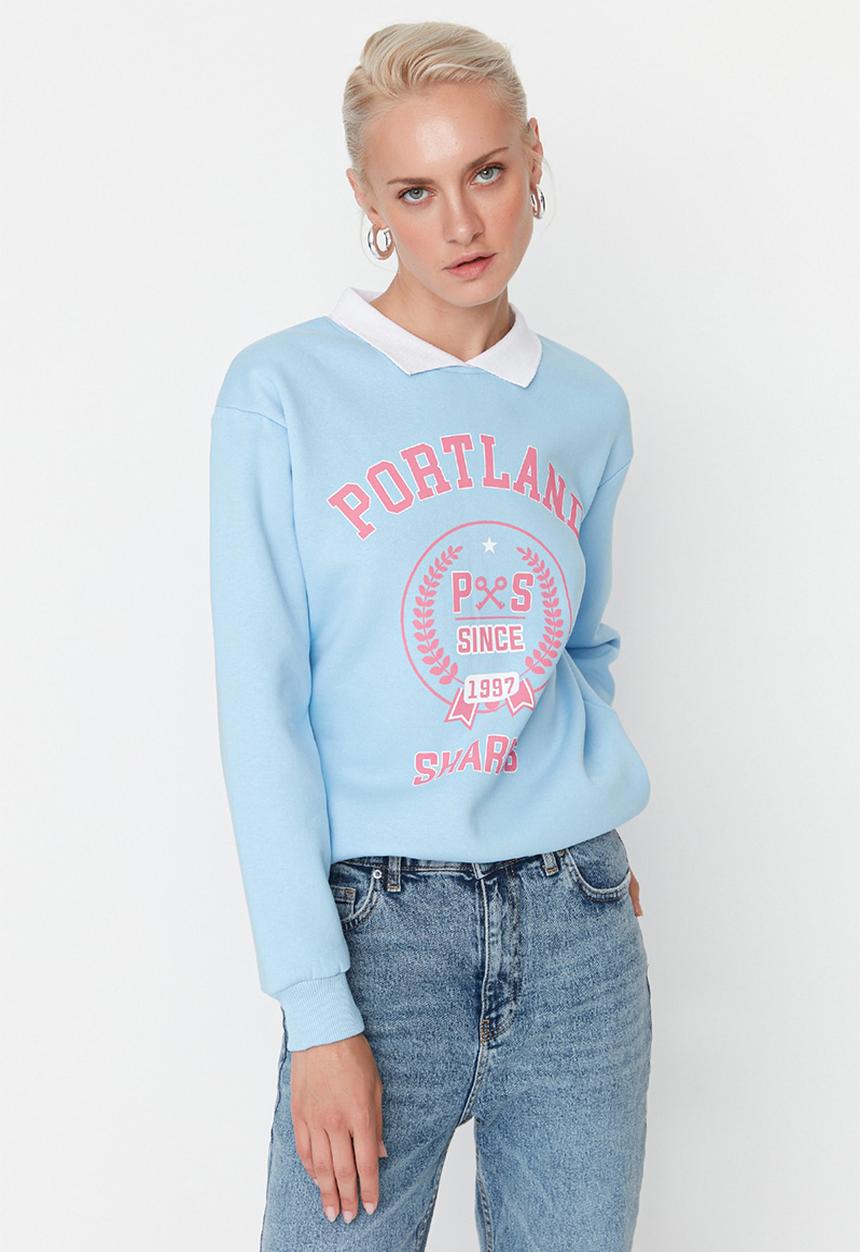 Trendyol - Printed polo collar fleece sweatshirt  - light blue