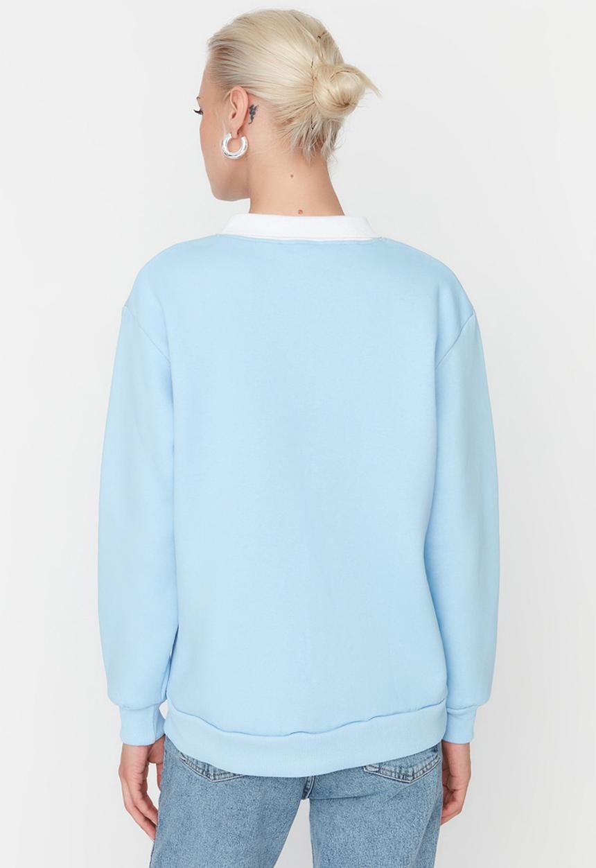 Trendyol - Printed polo collar fleece sweatshirt  - light blue