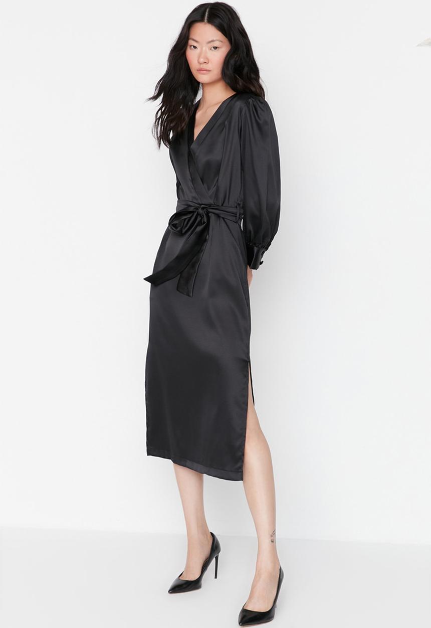 Trendyol - Satin tie waist dress - black