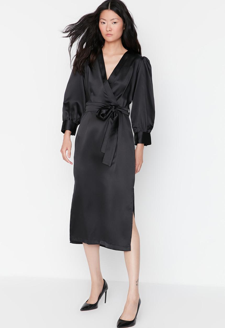 Trendyol - Satin tie waist dress - black