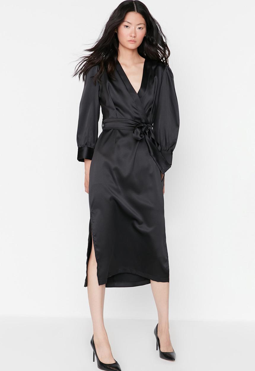 Trendyol - Satin tie waist dress - black