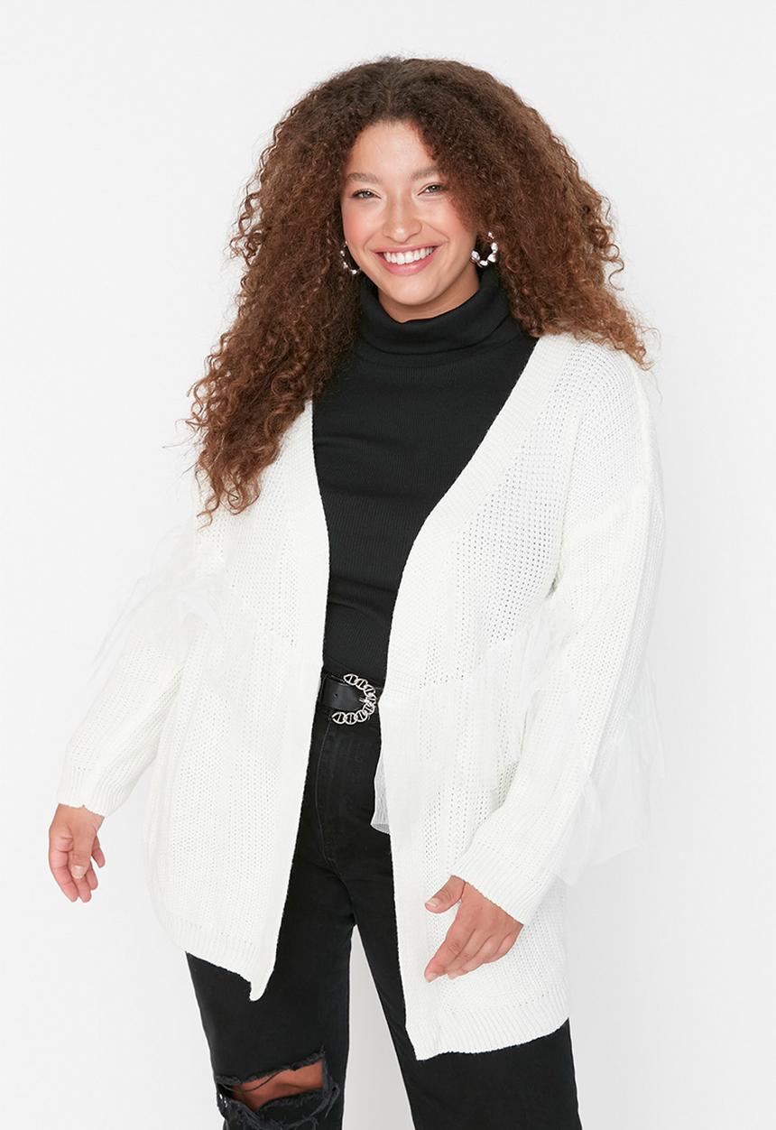 Trendyol - Plus tulle detail knit cardigan - ecru
