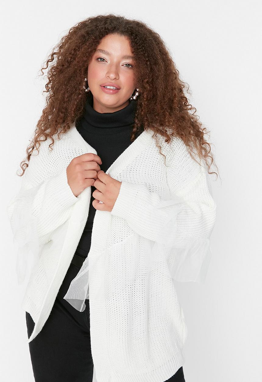 Trendyol - Plus tulle detail knit cardigan - ecru