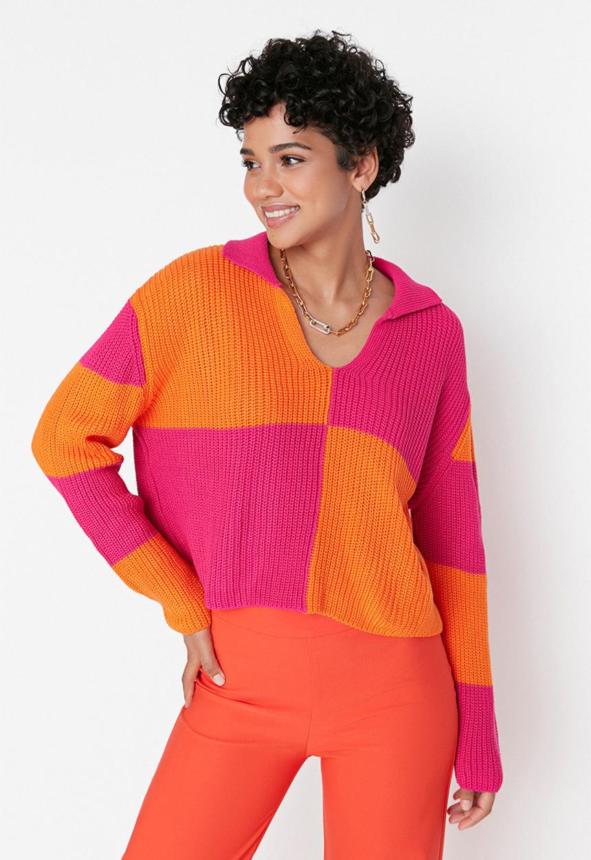 Trendyol - Crop colour block knit sweater - fuchsia & orange 