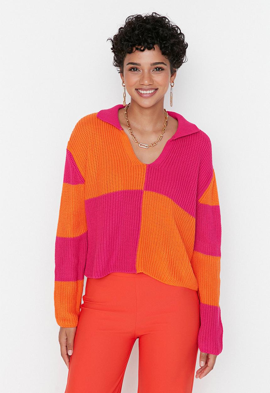 Trendyol - Crop colour block knit sweater - fuchsia & orange 