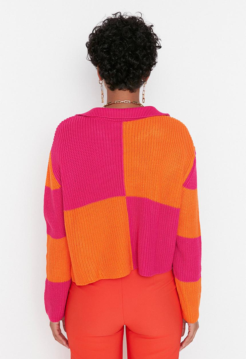 Trendyol - Crop colour block knit sweater - fuchsia & orange 