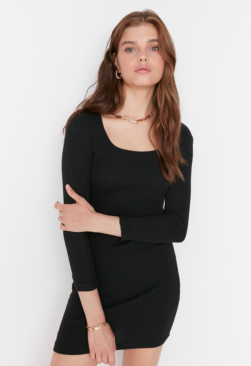 Trendyol - Square neck bodycon knit dress - black