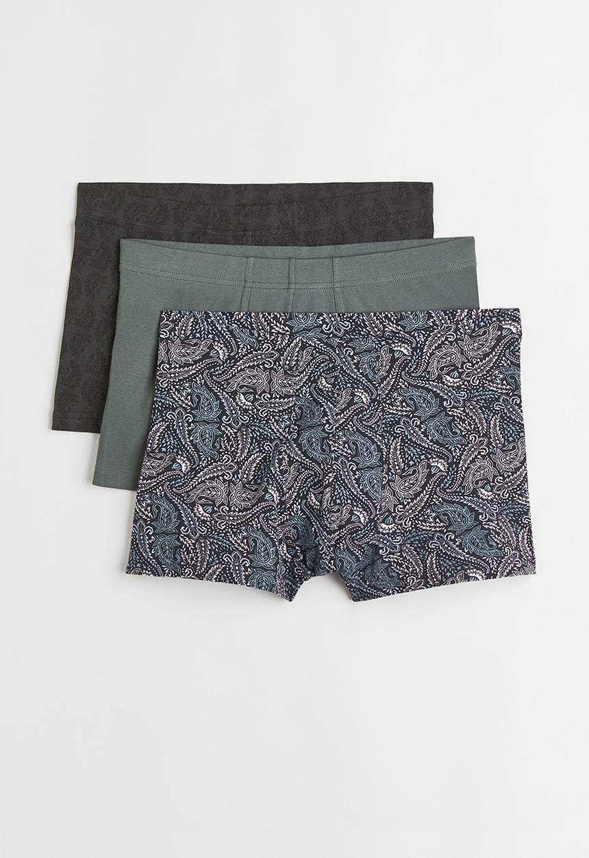 H&M - 3 Pack short cotton trunks - dark grey/paisley-patterned