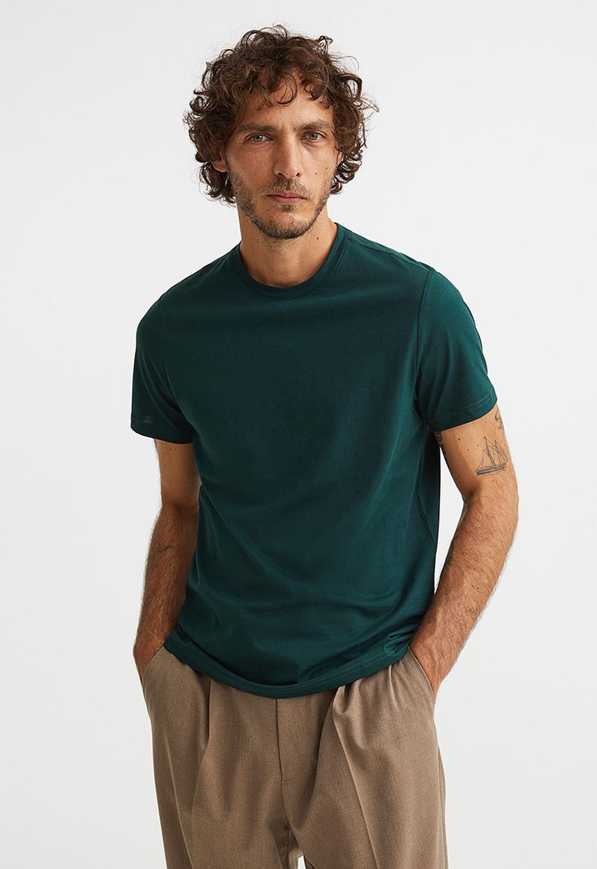 H&M - Slim fit pima cotton T-shirt - dark teal 