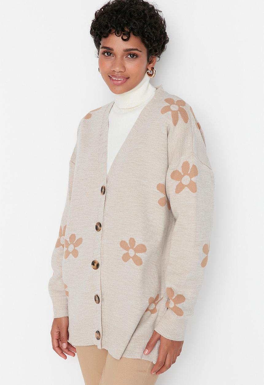 Trendyol - Floral pattern knit cardigan - neutral