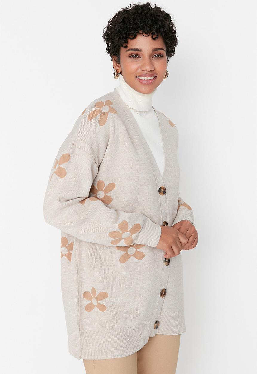 Trendyol - Floral pattern knit cardigan - neutral