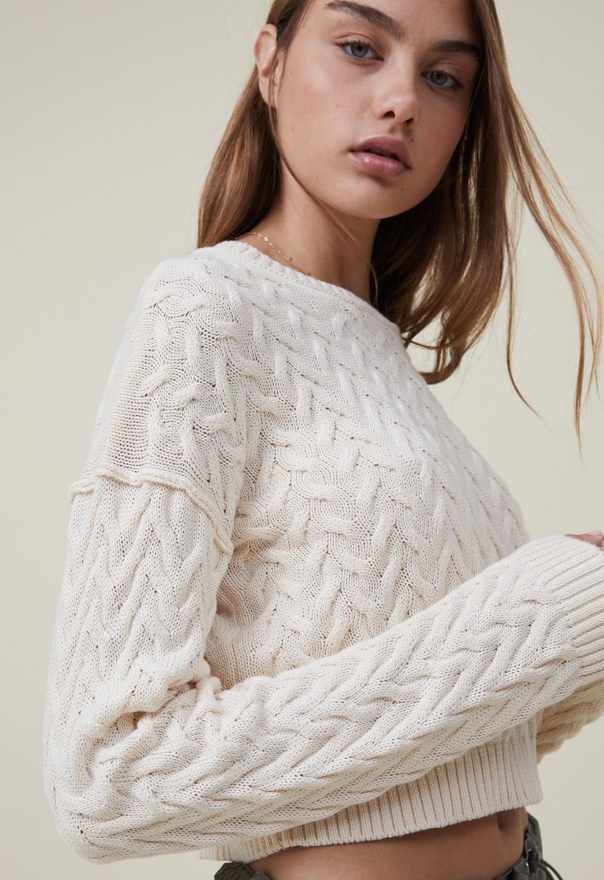 Cotton On - Crop cable crew - ecru