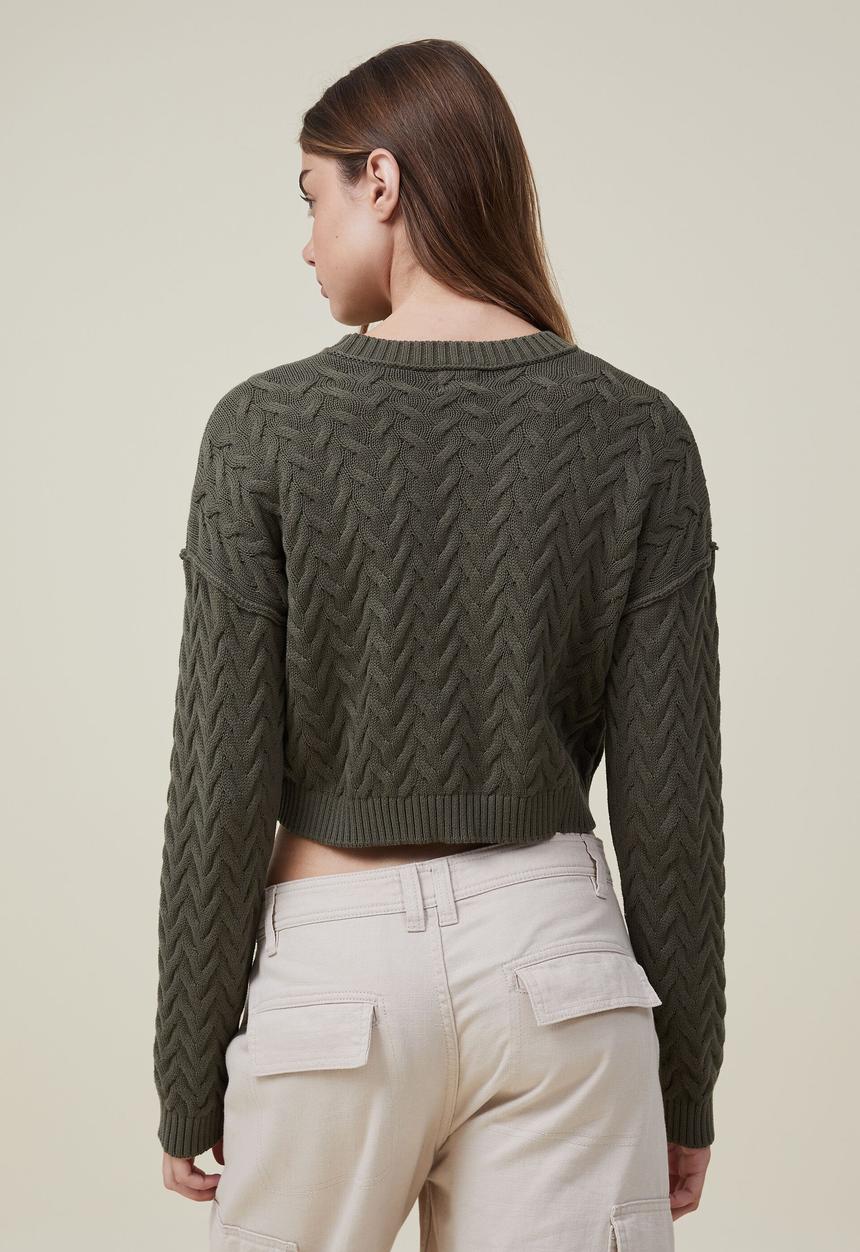 Cotton On - crop cable crew - soft olive