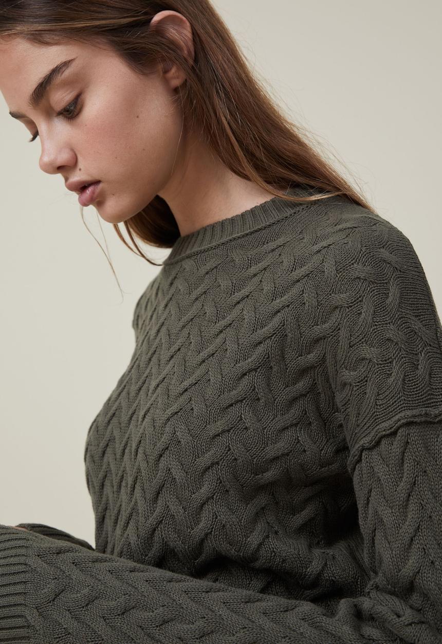 Cotton On - crop cable crew - soft olive