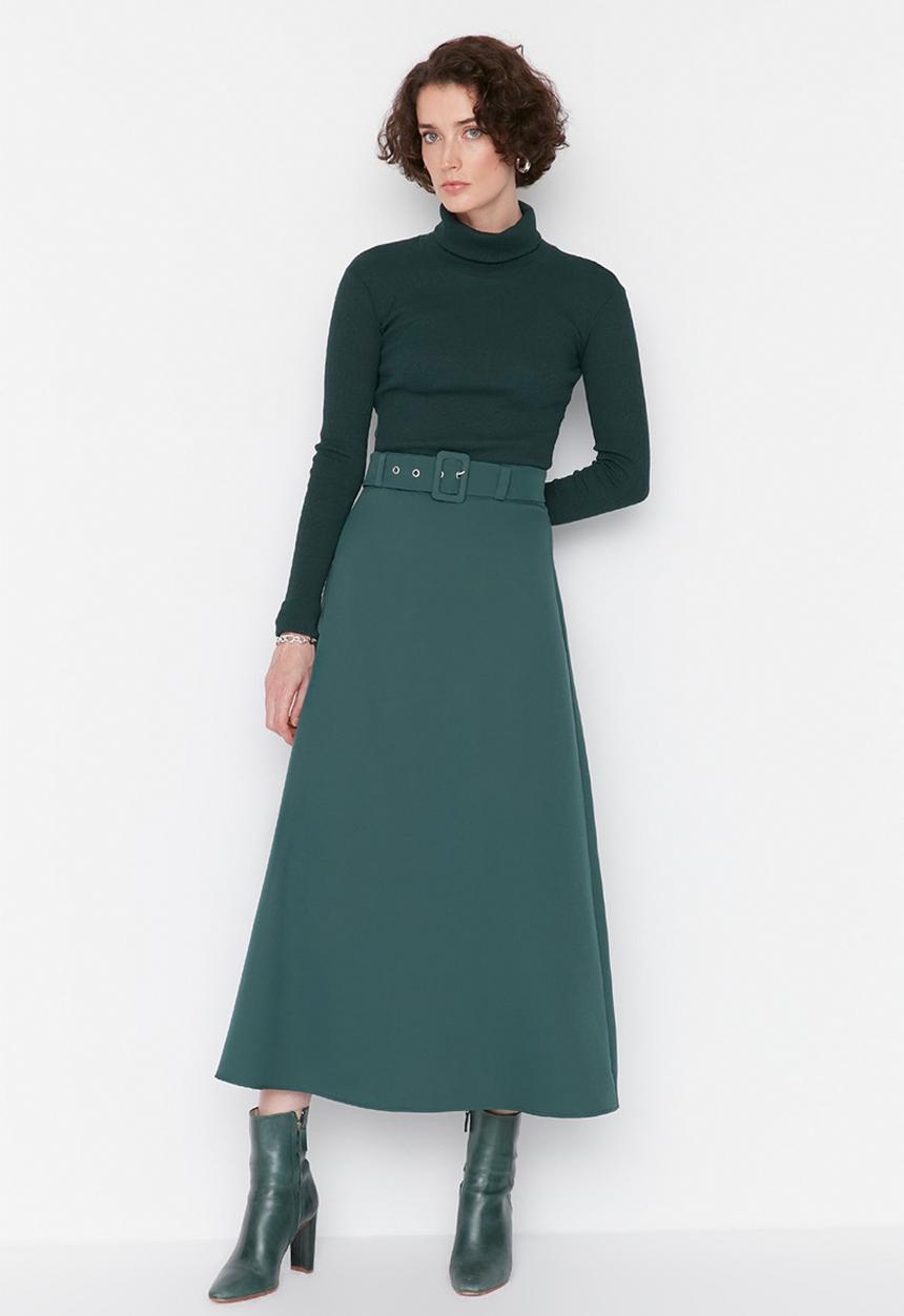 Trendyol - Button detailed waist belt woven skirt  - green