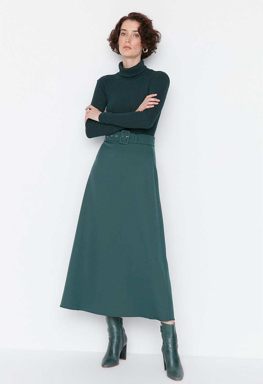 Trendyol - Button detailed waist belt woven skirt  - green