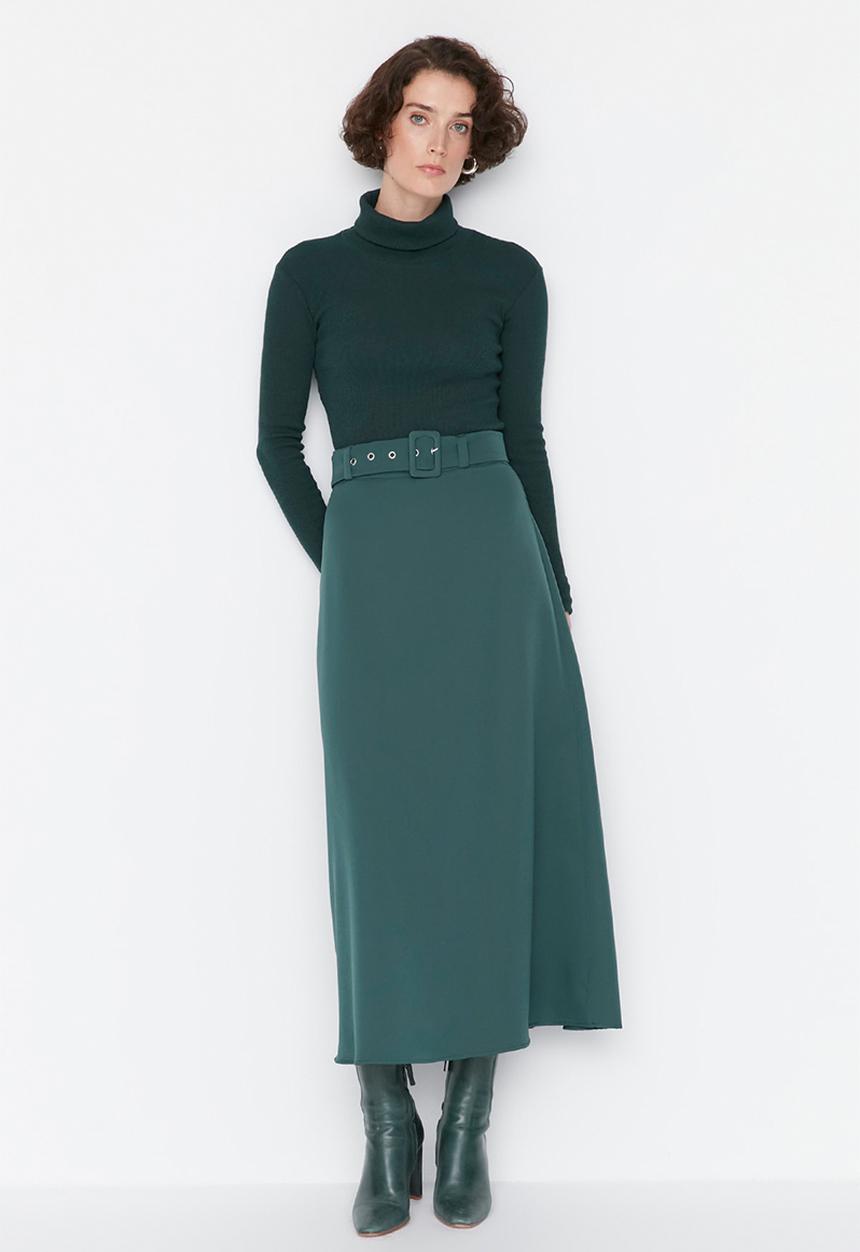 Trendyol - Button detailed waist belt woven skirt  - green