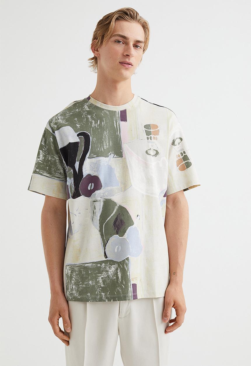 H&M - Relaxed fit patterned cotton T-shirt - light beige/patterned