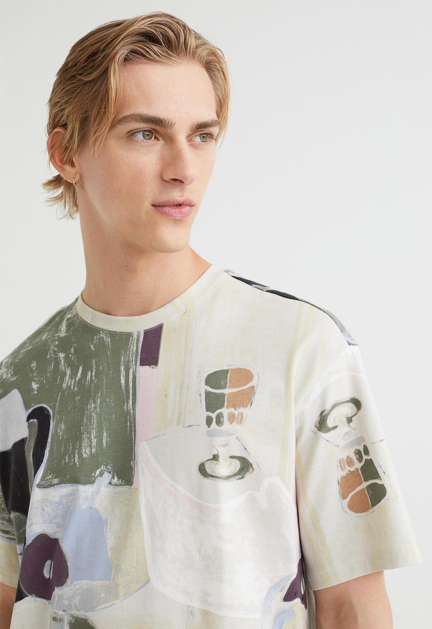 H&M - Relaxed fit patterned cotton T-shirt - light beige/patterned