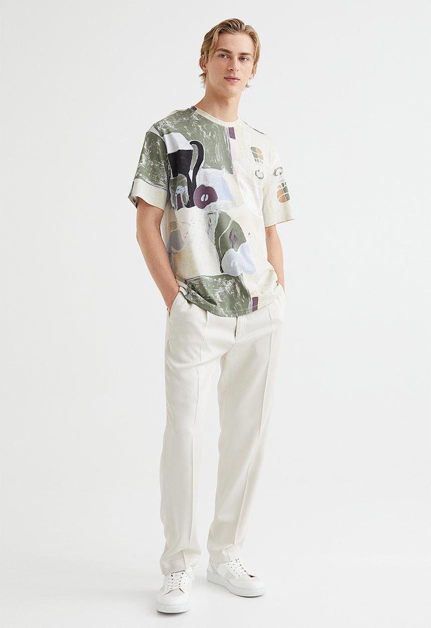 H&M - Relaxed fit patterned cotton T-shirt - light beige/patterned