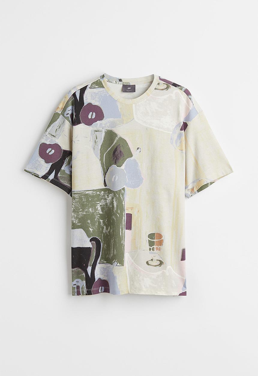 H&M - Relaxed fit patterned cotton T-shirt - light beige/patterned