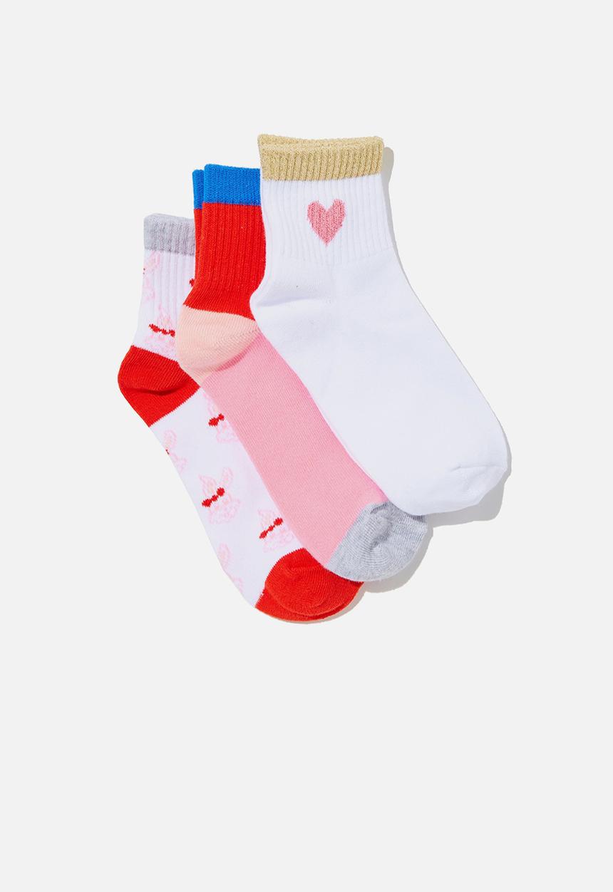 Cotton On - Kids 3pk mid crew socks - flame red & lucky bunny