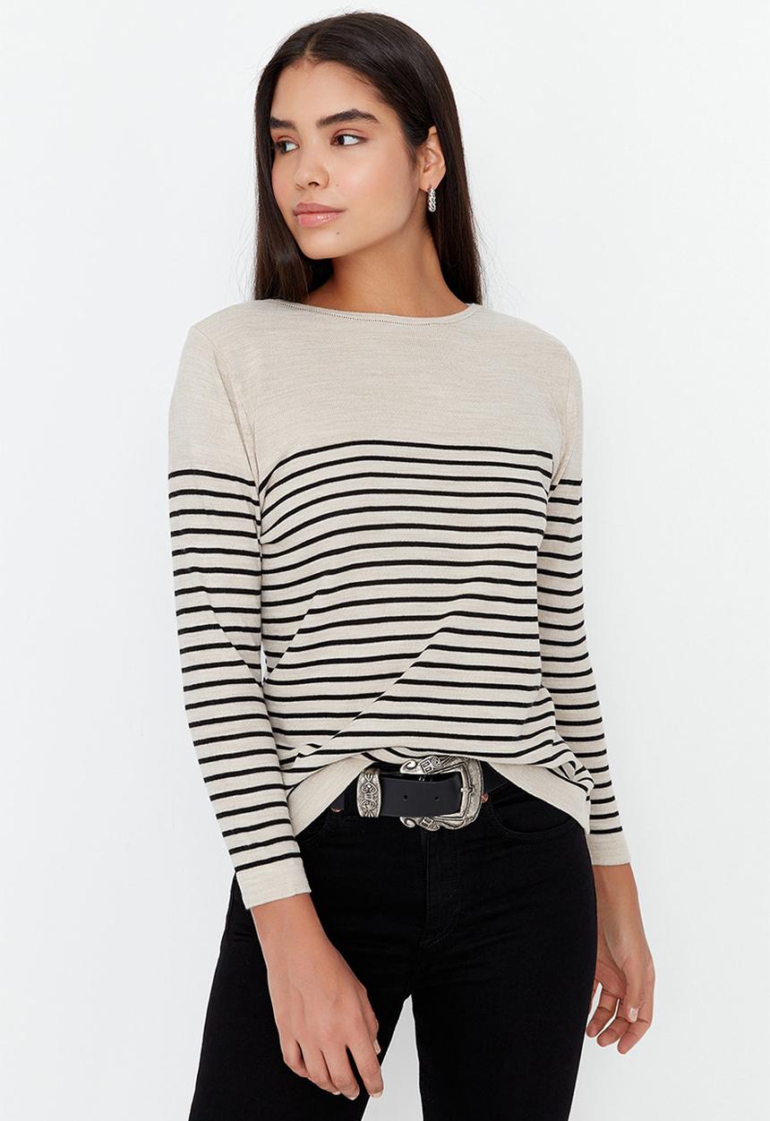 Trendyol - Striped knitwear sweater - stone