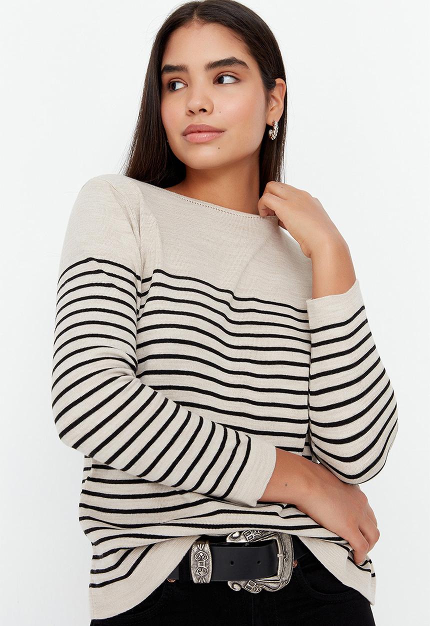 Trendyol - Striped knitwear sweater - stone