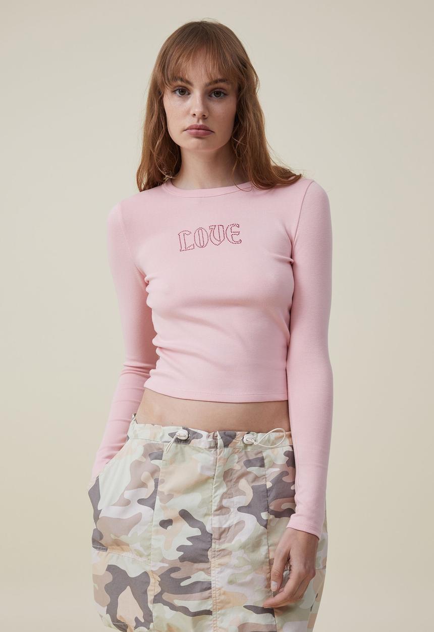 Cotton On - Fitted rib graphic long sleeve top - love/pink crush