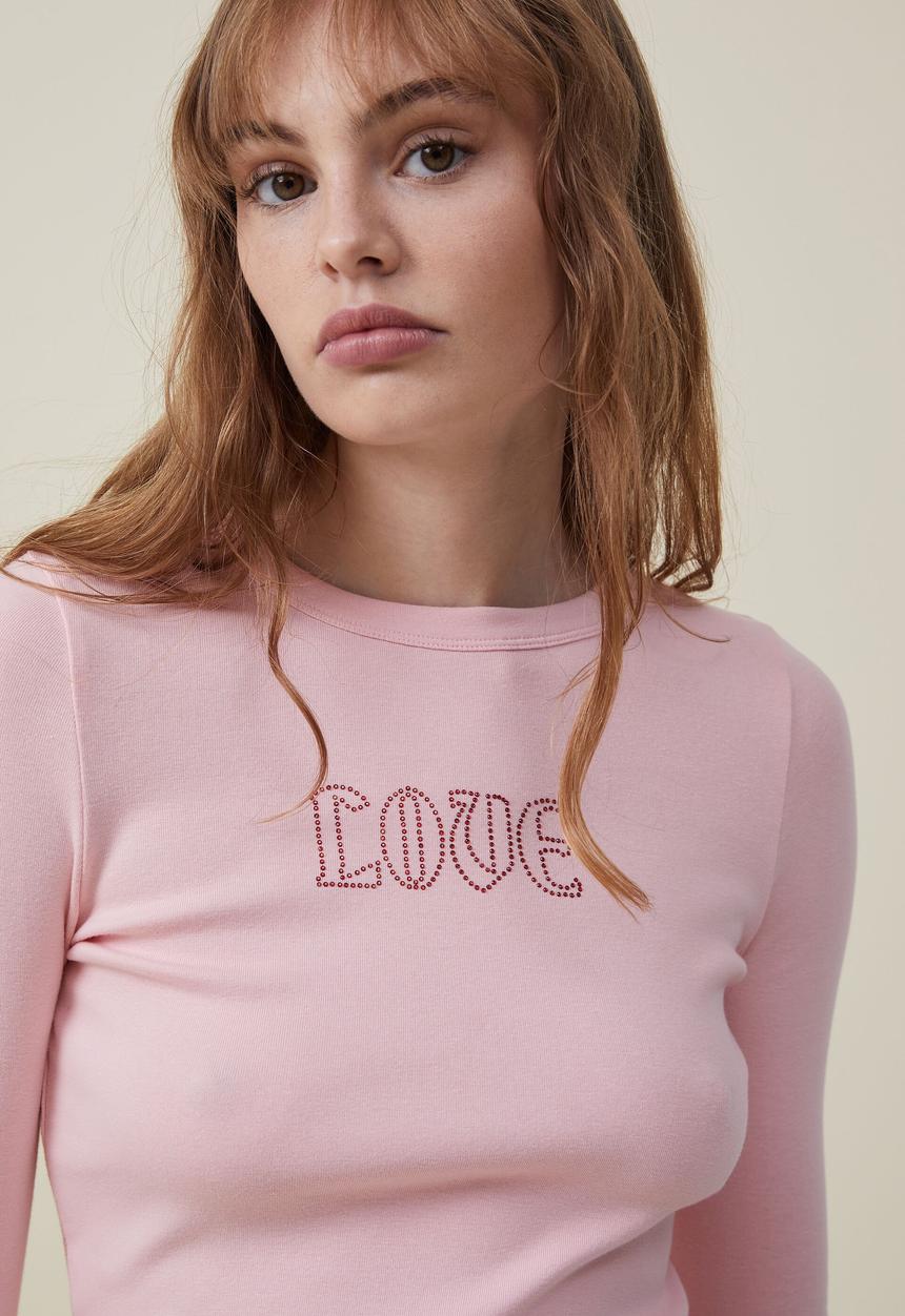 Cotton On - Fitted rib graphic long sleeve top - love/pink crush
