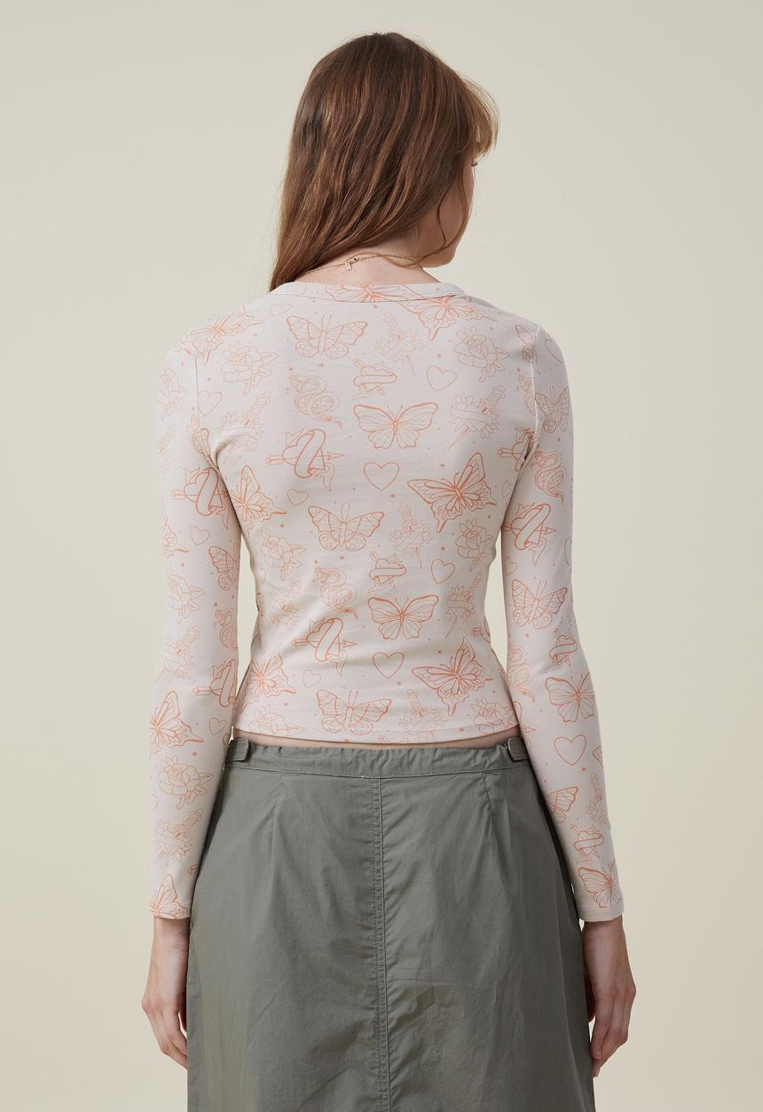 Cotton On - Fitted rib graphic long sleeve top - tattoo yardage/stone