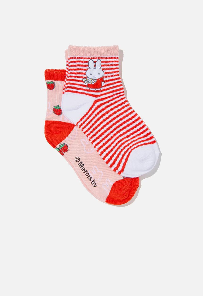Cotton On - 2pk lcn mid crew sock - lcn mif flame red & miffy strawberries