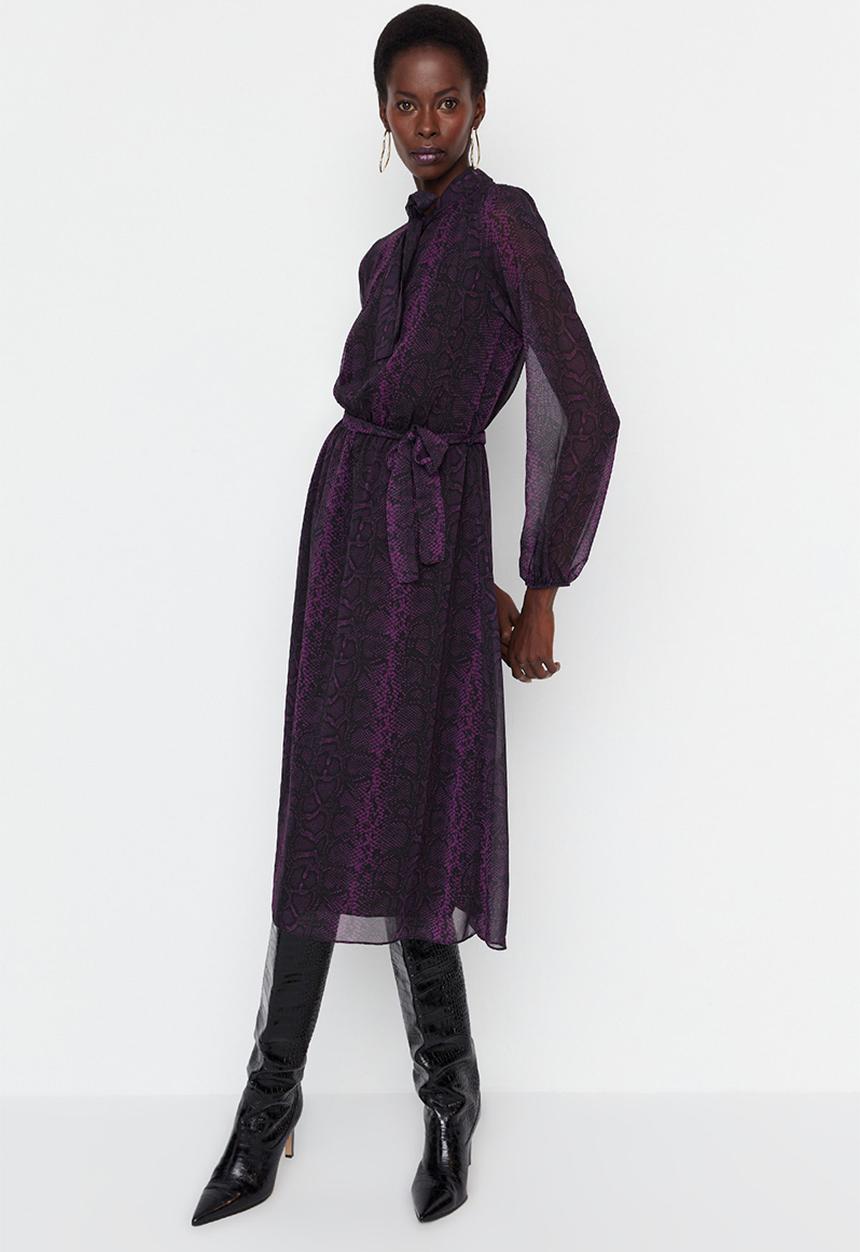 Trendyol - Belted maxi patterned dress - purple
