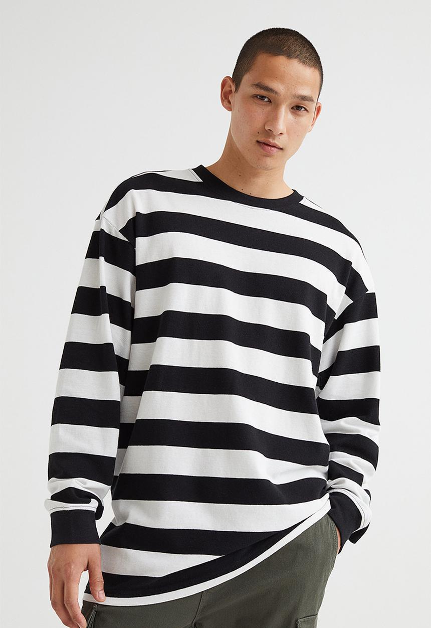 H&M - Oversized fit long-sleeved piqué top - black & white striped