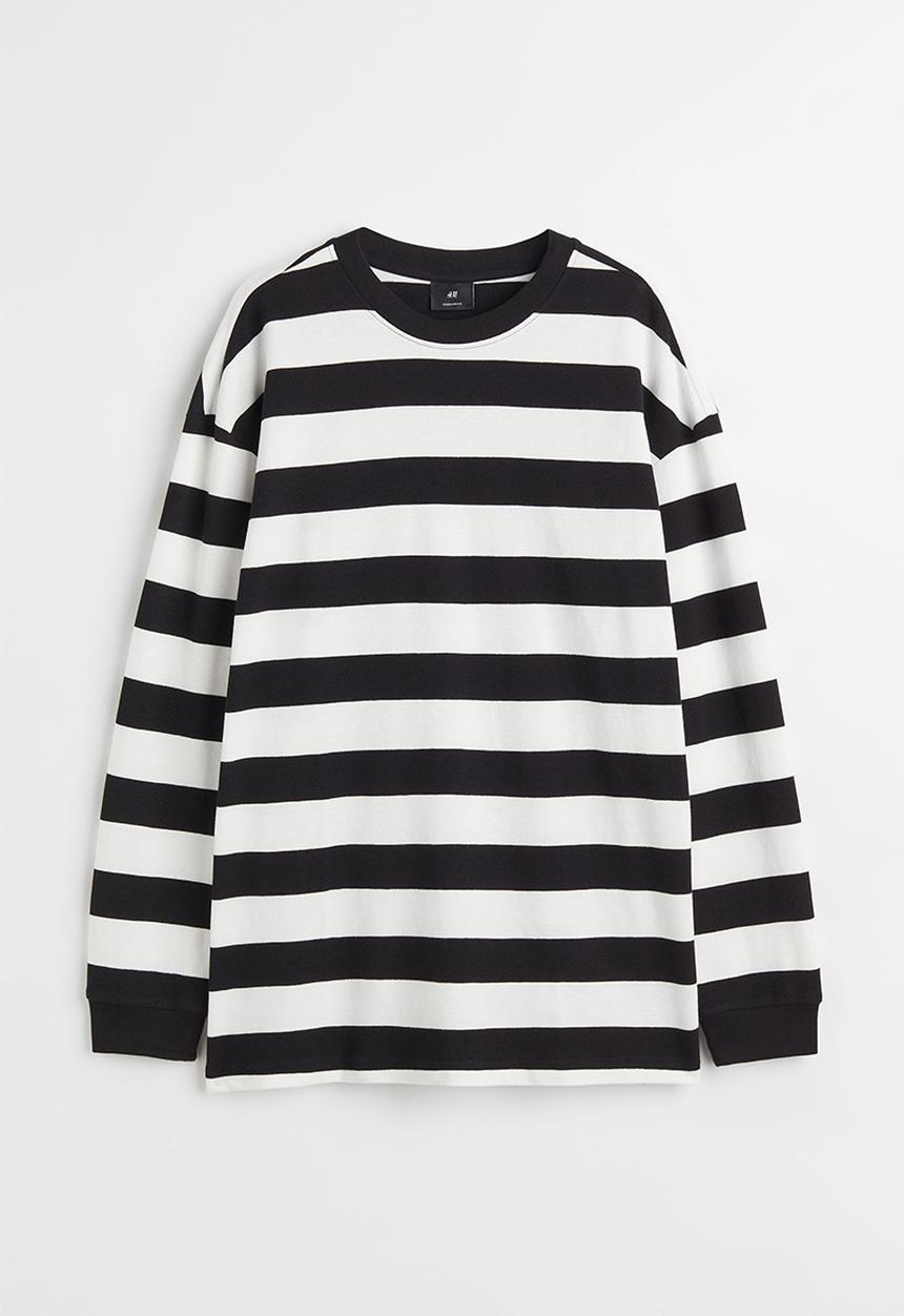 H&M - Oversized fit long-sleeved piqué top - black & white striped
