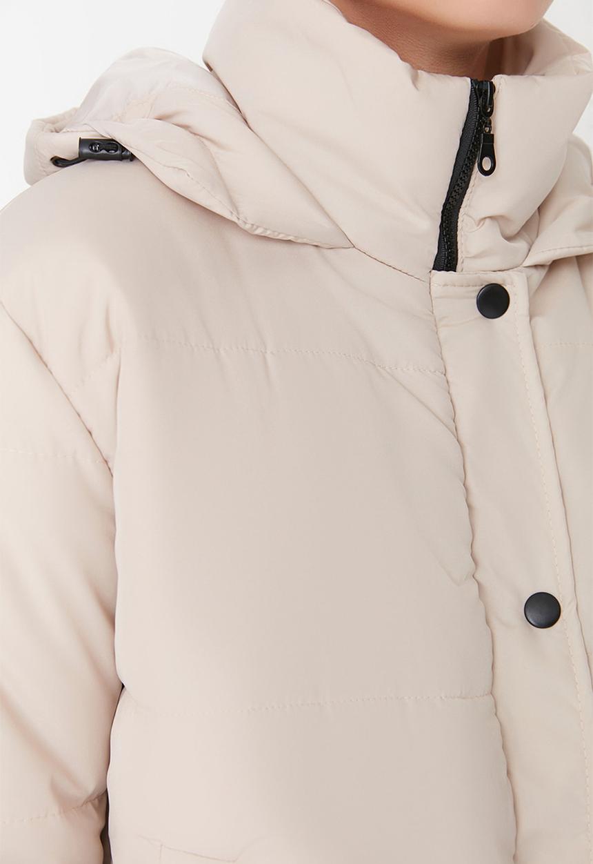 Trendyol - Oversized hooded zippered puffer jacket - beige