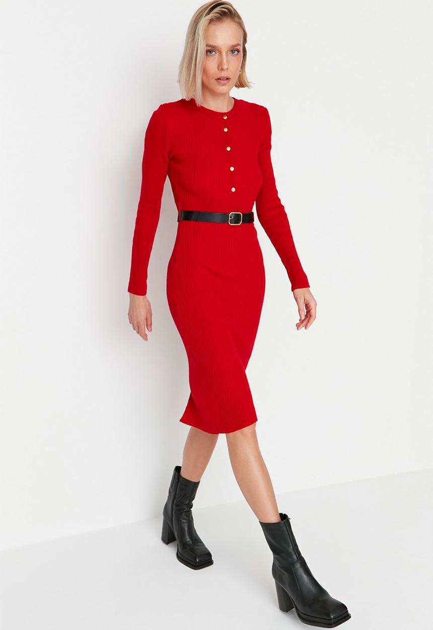 Trendyol - Belted knit dress - red