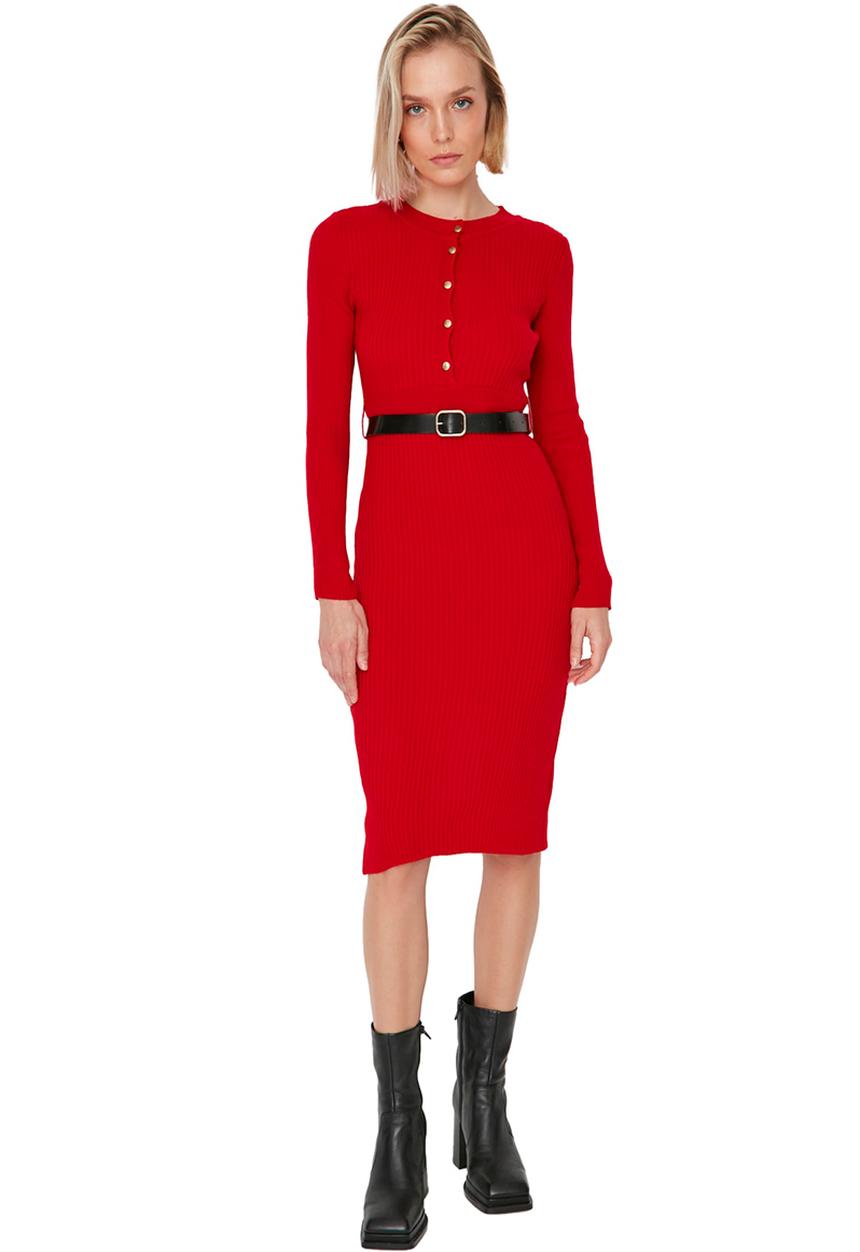 Trendyol - Belted knit dress - red