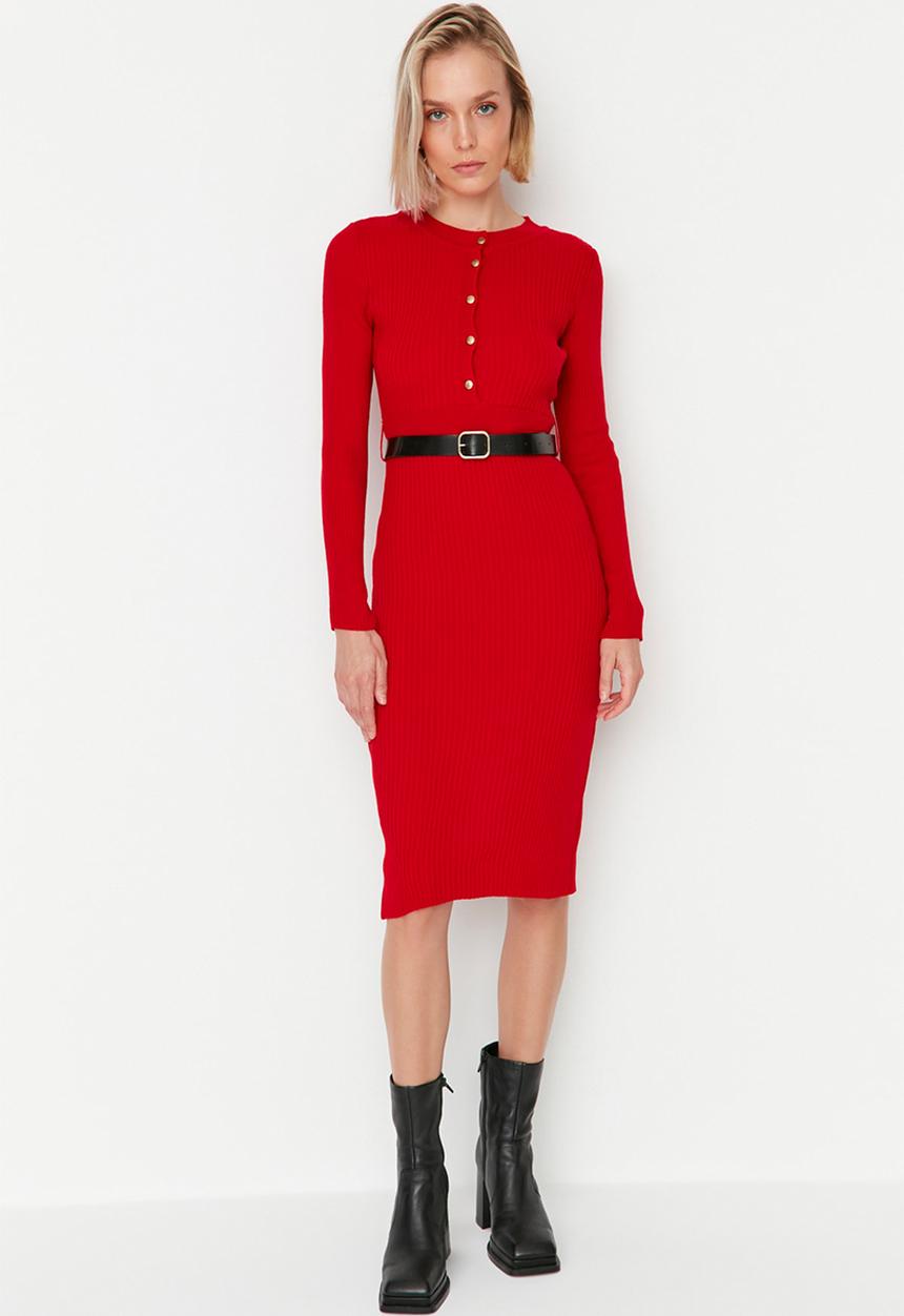 Trendyol - Belted knit dress - red