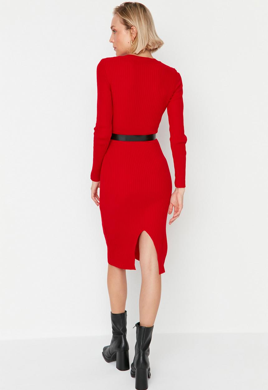 Trendyol - Belted knit dress - red