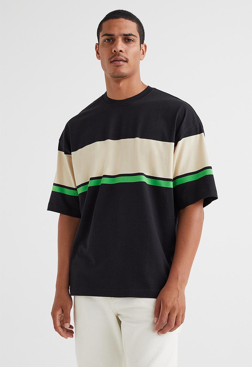 H&M - Oversized fit cotton T-shirt - black & light beige