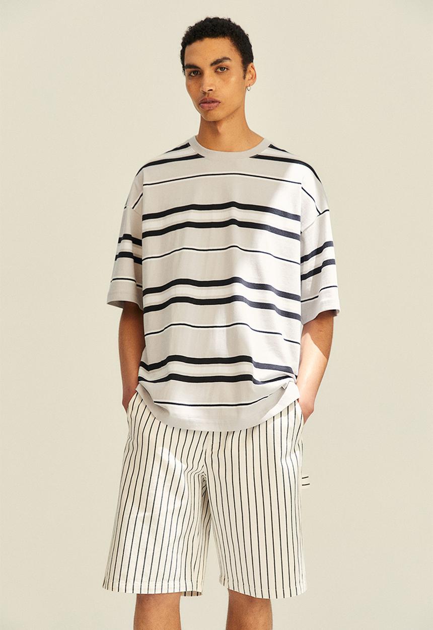 H&M - Oversized fit cotton T-shirt - light grey/striped