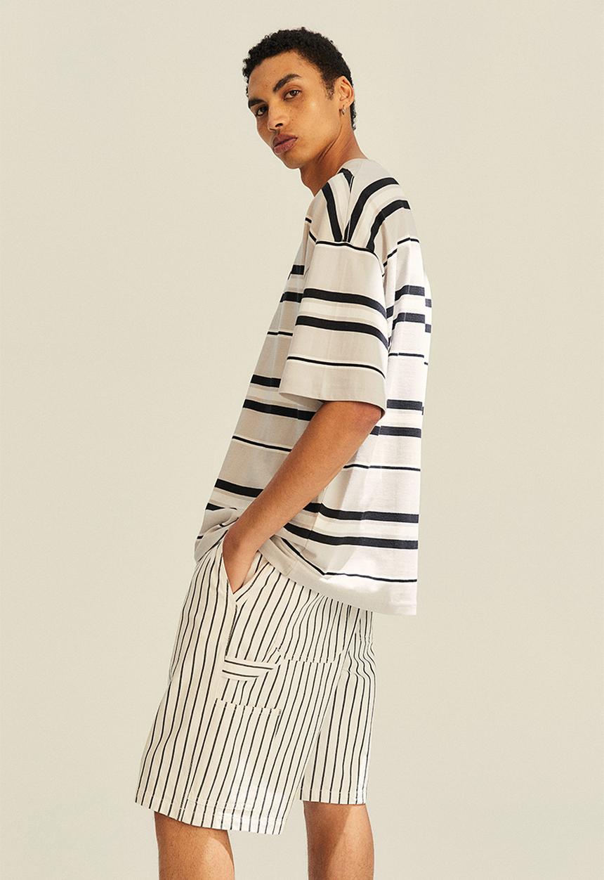 H&M - Oversized fit cotton T-shirt - light grey/striped