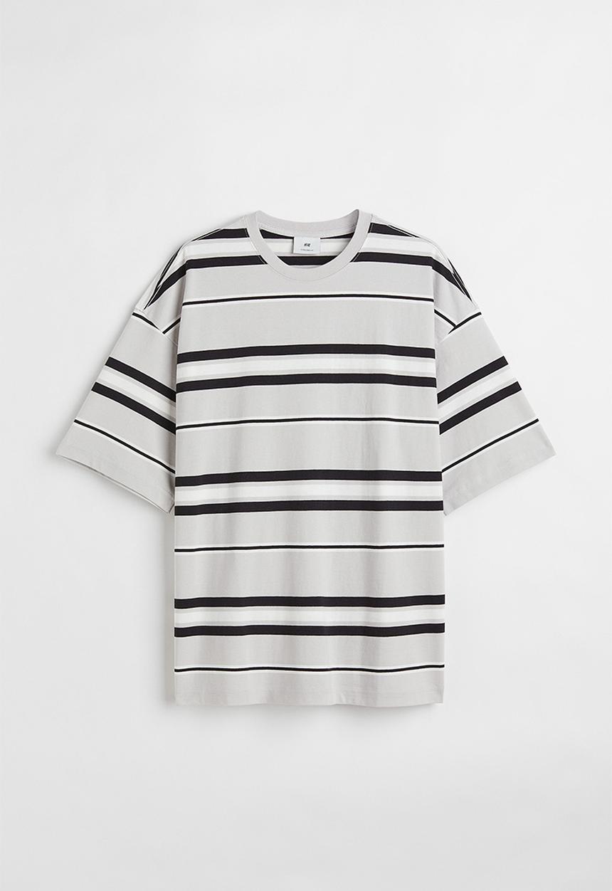 H&M - Oversized fit cotton T-shirt - light grey/striped