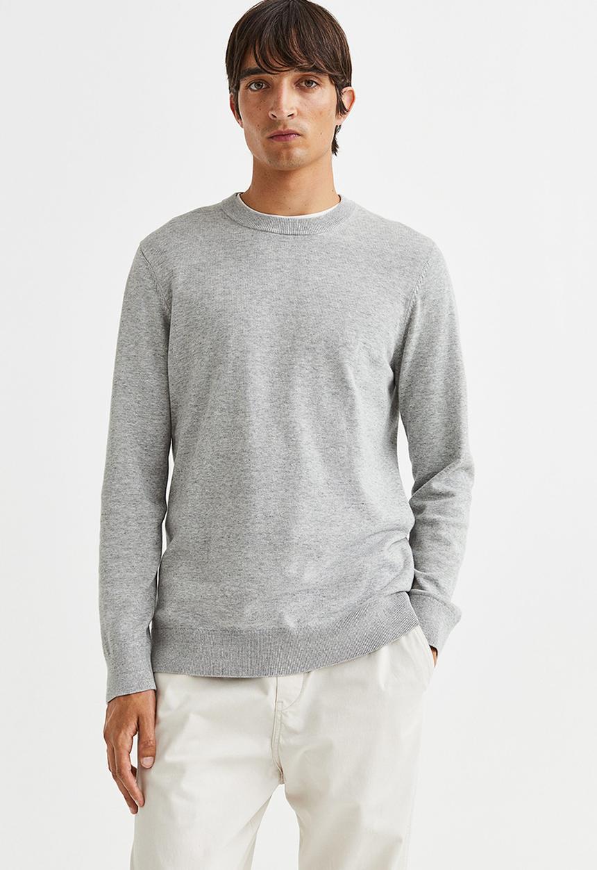 H&M - Slim fit fine-knit cotton jumper - light grey marl 