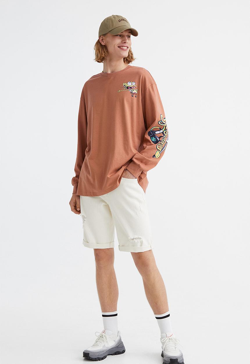H&M - Relaxed fit printed jersey top - dark beige/spongebob
