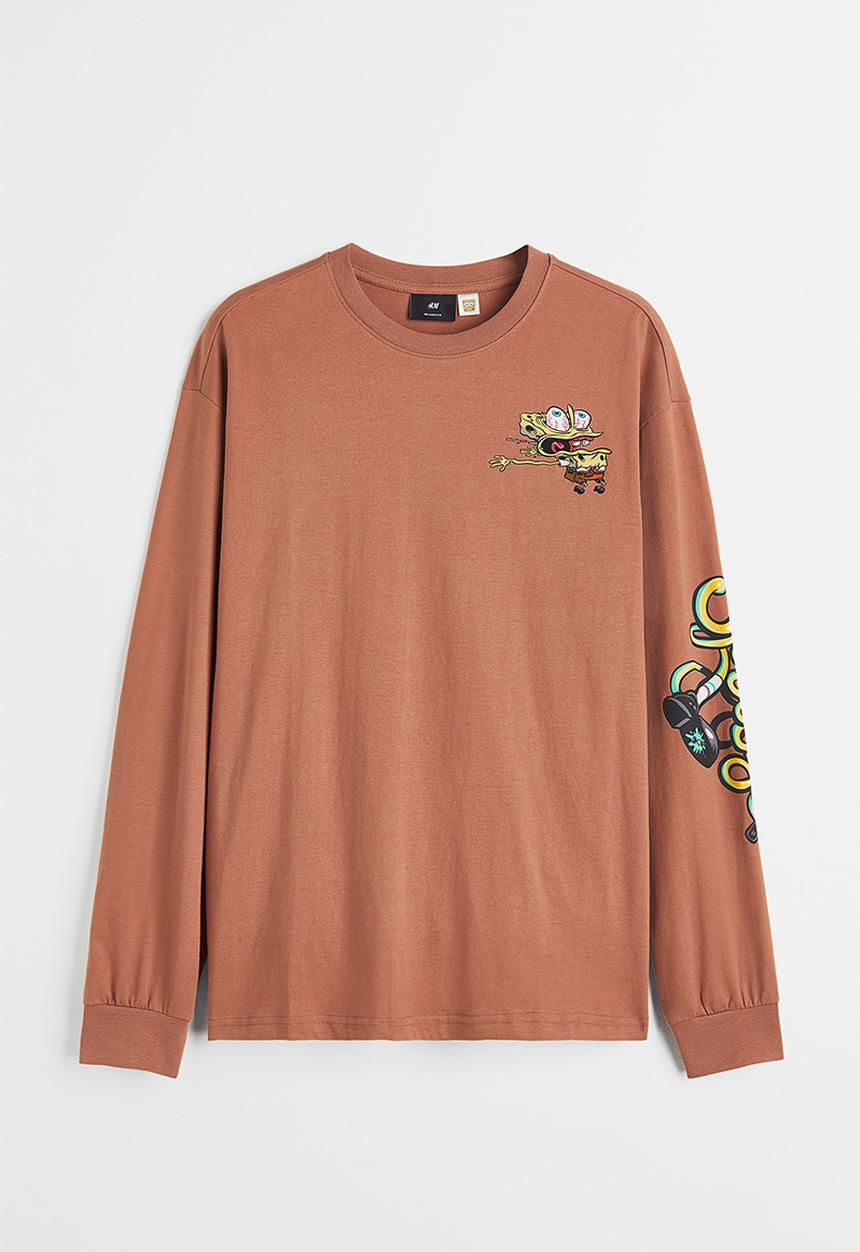 H&M - Relaxed fit printed jersey top - dark beige/spongebob