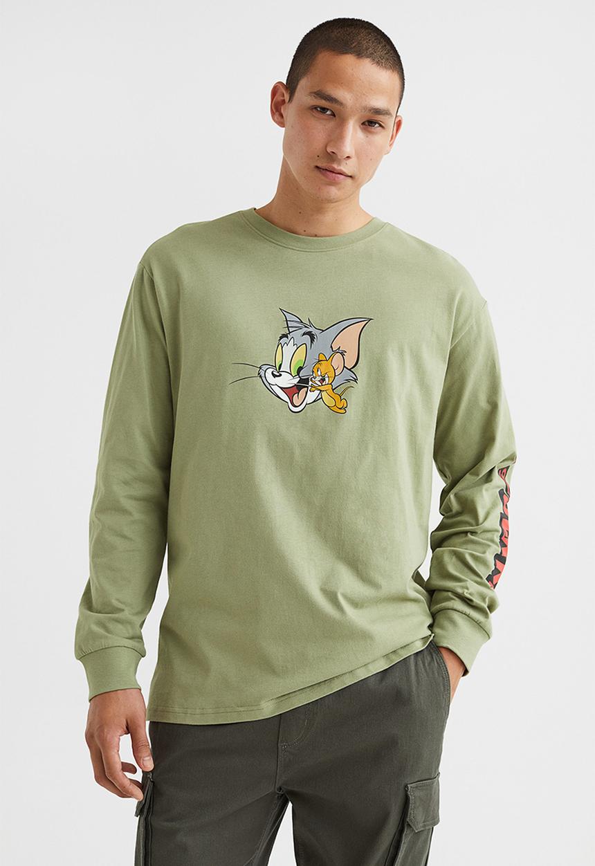 H&M - Relaxed fit printed jersey top - sage green/tom and jerry